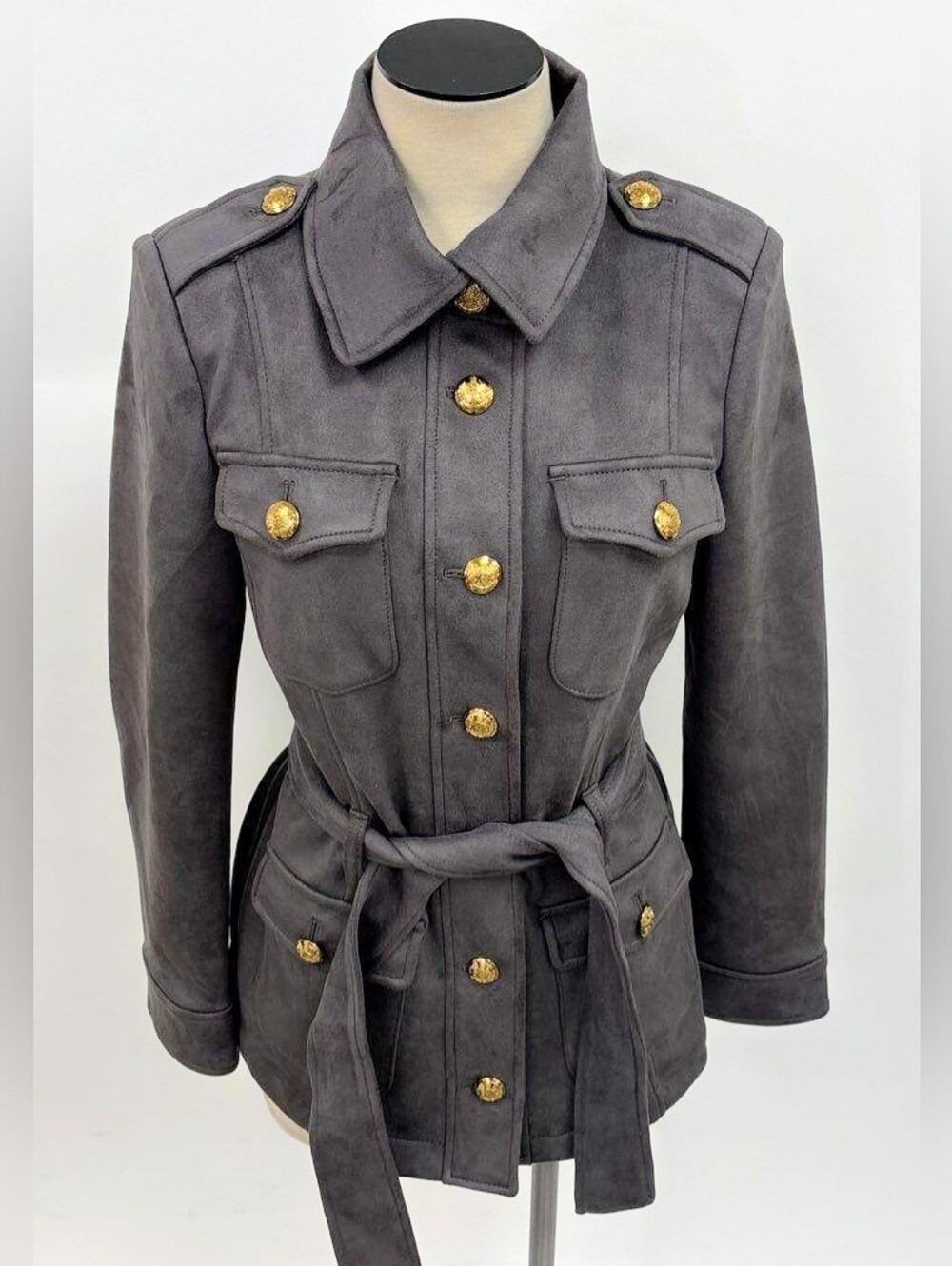 NWT! White House Black Market Faux Suede Gray Jacket Gold Buttons $195 Sz S
